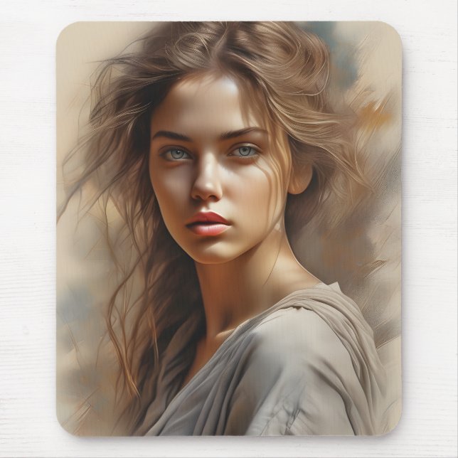 Porträtt är en pennskiss av en kvinna. f musmatta (Framsidan)