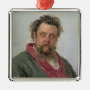 Porträtt av blygsamma Petrovich Moussorgsky 1881 Julgransprydnad Metall
