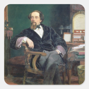 Porträtt av Charles Dickens (olja på canvas) Fyrkantigt Klistermärke