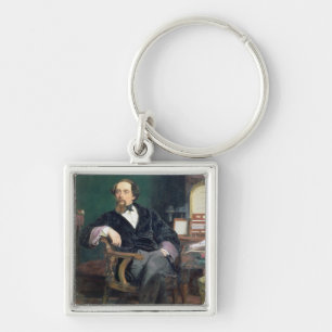 Porträtt av Charles Dickens (olja på kanfas) Fyrkantig Silverfärgad Nyckelring