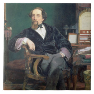 Porträtt av Charles Dickens (olja på kanfas) Kakelplatta