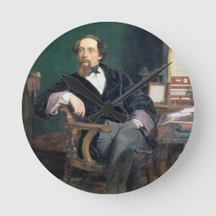 Porträtt av Charles Dickens (olja på kanfas) Rund Klocka
