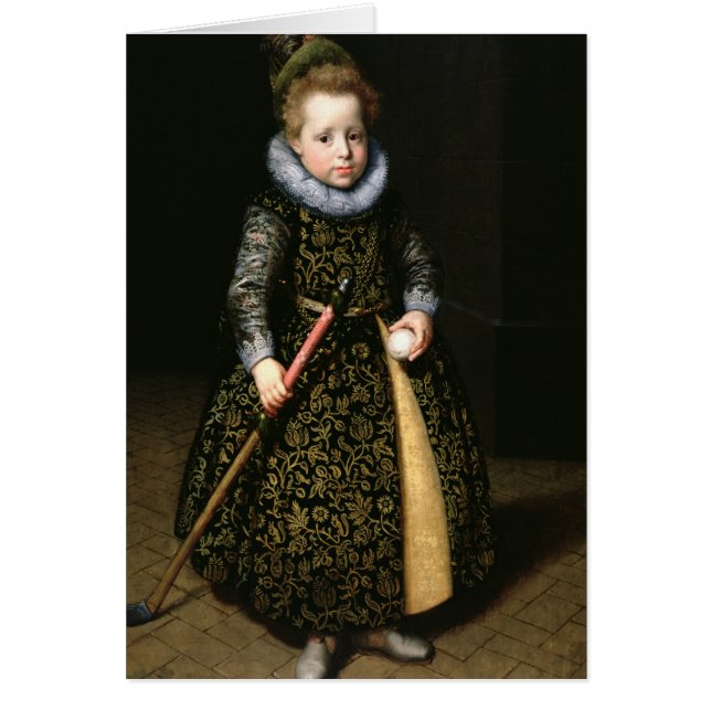 Porträtt av en fyraåringpojke med klubben och hälsningskort (Framsidan)