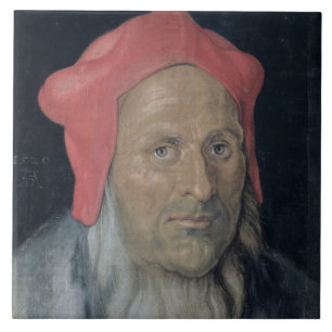 Porträtt av en skäggig man i en röd hatt, 1520 kakelplatta