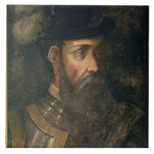 Porträtt av Francisco Pizarro (c.1478-1541) Spani Kakelplatta