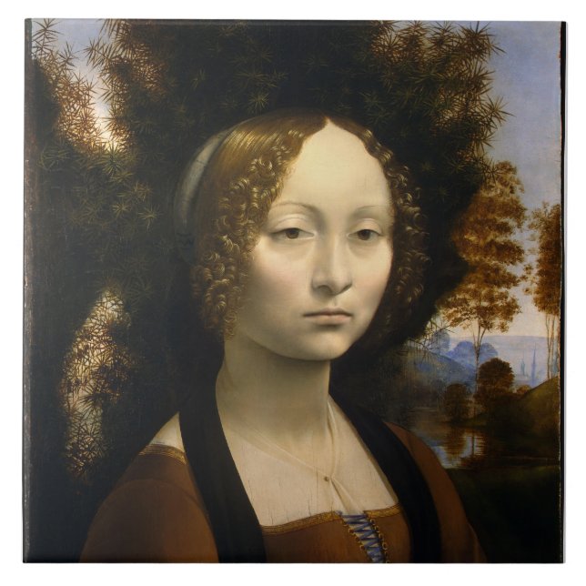 Porträtt av Ginevra de Benci av Leonardo da Vinci Kakelplatta (Framsidan)