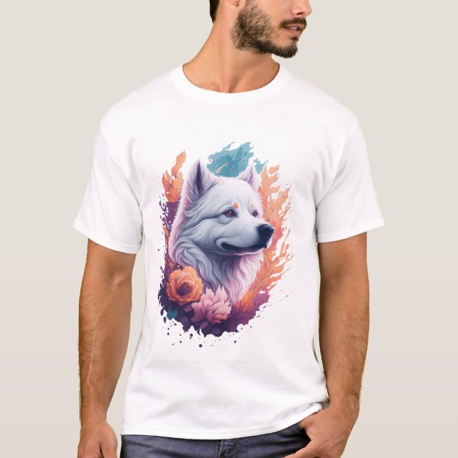 Porträtt av hund - Samoyed blommor stänk  T Shirt (Framsida)