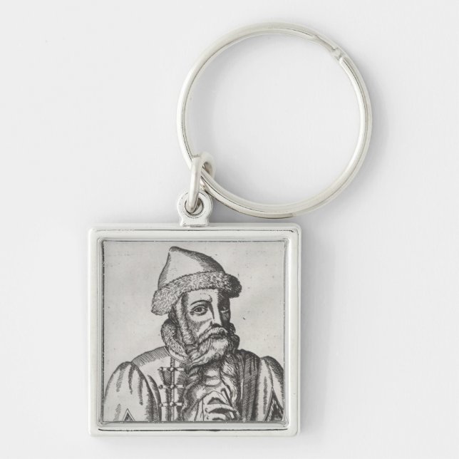 Porträtt av Johannes Gutenberg Fyrkantig Silverfärgad Nyckelring (Framsidan)