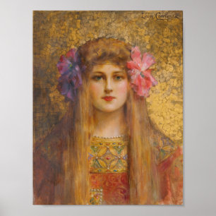Porträtt av kvinna med blommig turban poster