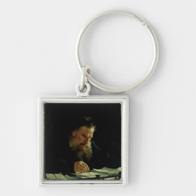 Porträtt av leven Tolstoy Fyrkantig Silverfärgad Nyckelring (Framsidan)