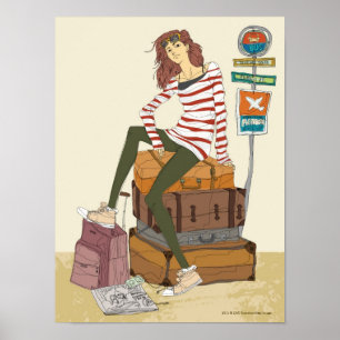 Porträtt av ung kvinnasitta på resväska poster