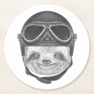 Porträtt av vintagehjälmen för Sloth Underlägg Papper Rund