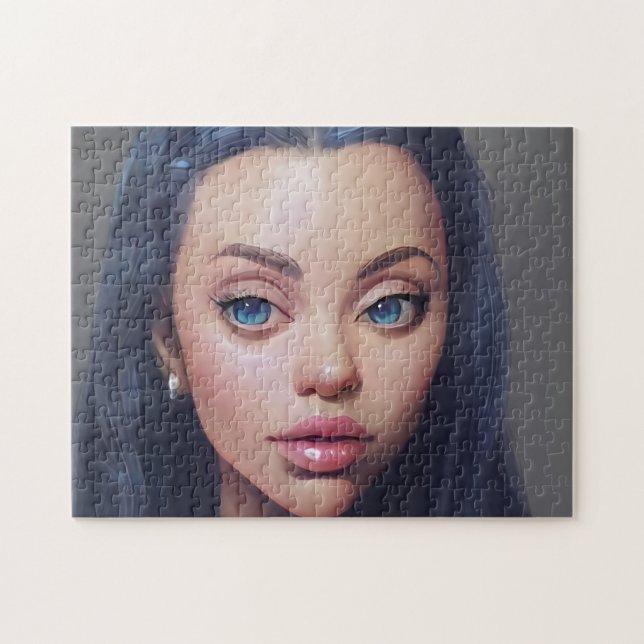 Porträtt Blue Hair Öga Smile Young Woman Pussel (Horisontell)