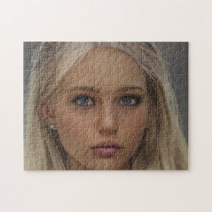 Porträtt Brunette Blonde Blue Eyed Young Woman Pussel