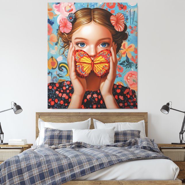 Porträtt Butterfly Girl i Blommigten Wonderland Canvastryck (Insitu (sovrum))