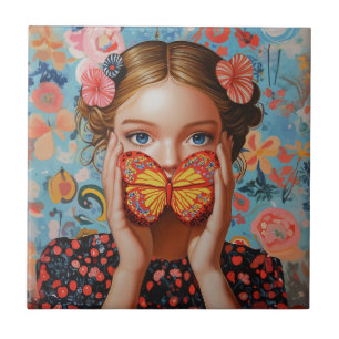 Porträtt Butterfly Girl i Blommigten Wonderland Kakelplatta