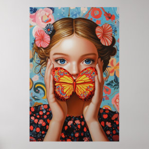 Porträtt Butterfly Girl i Blommigten Wonderland Poster