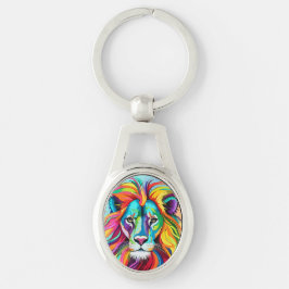 Porträtt, färgat Lejont huvud Ovalt Silverfärgad Nyckelring