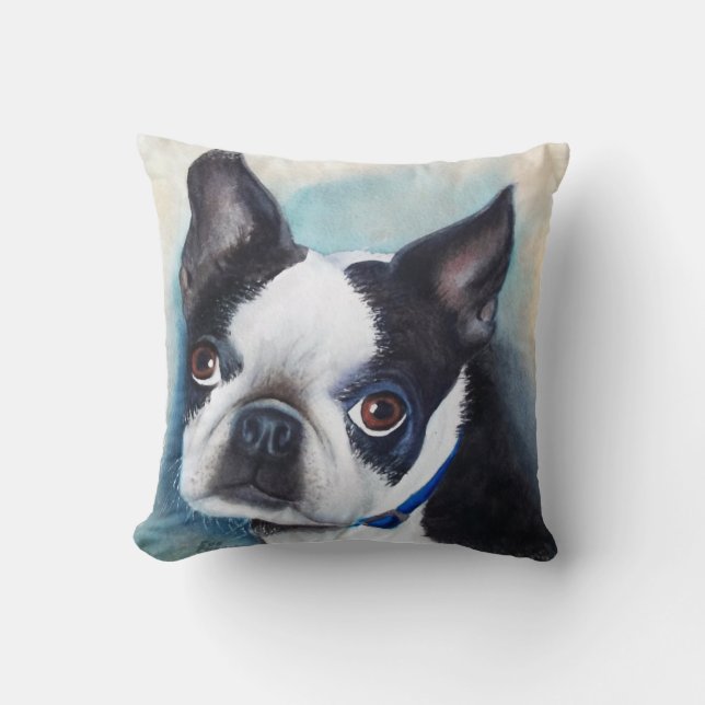 PORTRÄTT FÖR MONOGRAMVATTENFÄRGBOSTON TERRIER KUDDE (Framsida)