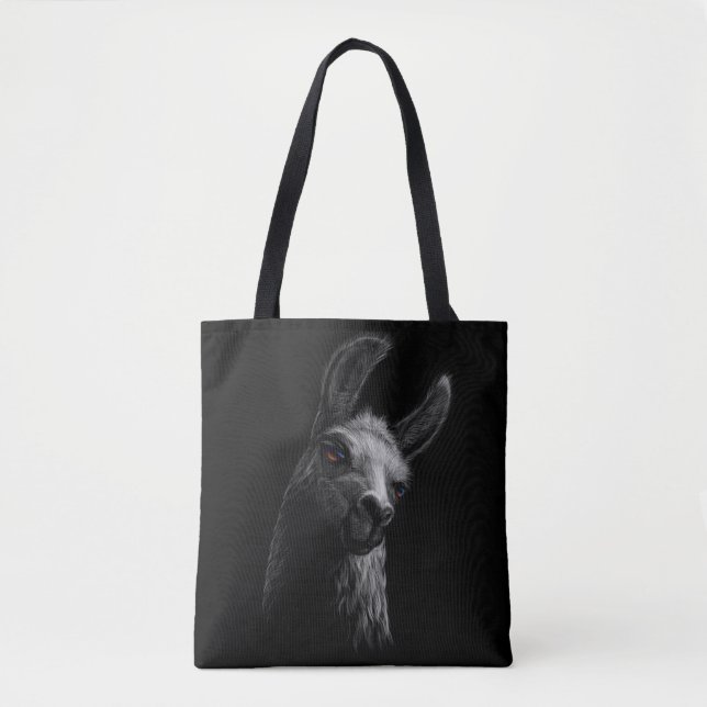 Porträtt Head Cute Llama med svart bakgrund Tygkasse (Framsida)
