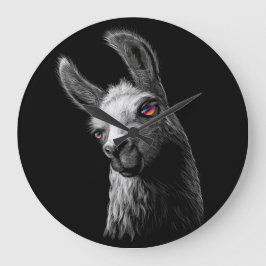 Porträtt Head Cute Llama på svart bakgrund Stor Klocka