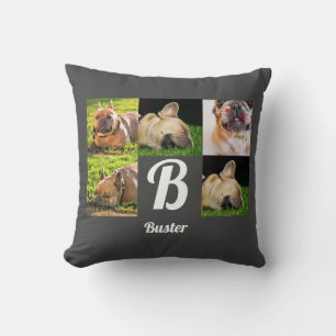 porträtt hund-fotokollage monogram på grått kudde