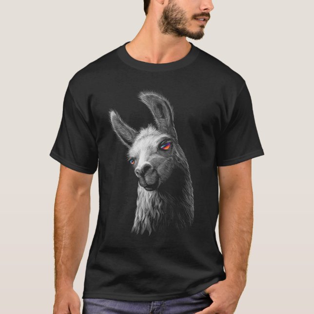 Porträtt huvud, llama med svart bakgrund t shirt (Framsida)
