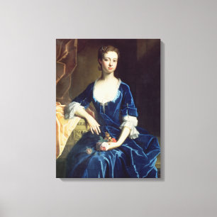 Porträtt i en Dam i en Blue Velvet Dress (olja på Canvastryck