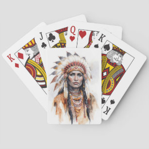 Porträtt i en inhemsk amerikansk kvinna, vattenfär casinokort