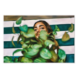 Porträtt i en kvinna bakom Löv Fototryck