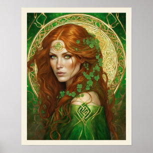 Porträtt i en kvinna i Shamrock Grönt Celtic Guld Poster