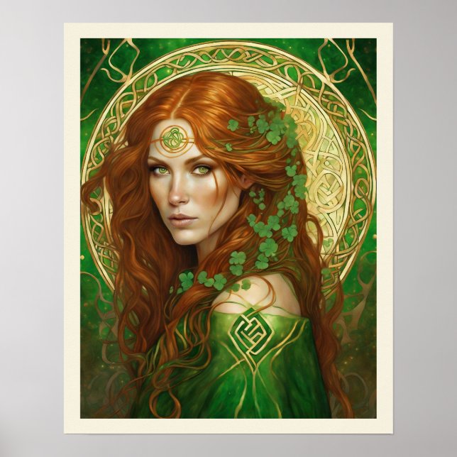 Porträtt i en kvinna i Shamrock Grönt Celtic Guld Poster (Framsidan)