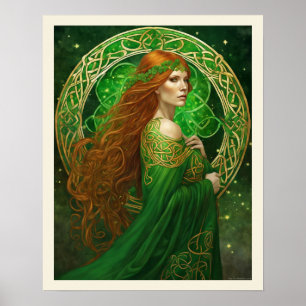 Porträtt i en kvinna i Shamrock Grönt & Guld Poster