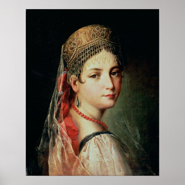 Porträtt i en ung flicka i Sarafan och Poster (Framsidan)