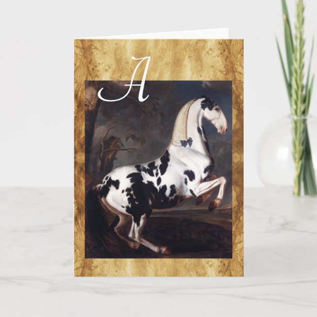 Porträtt i ett Piebald Horse Parchment Monogram Anteckningskort (Framsida)