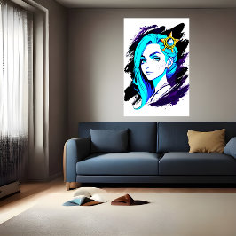Porträtt i ett ungt dam blå hår | AI Art Poster