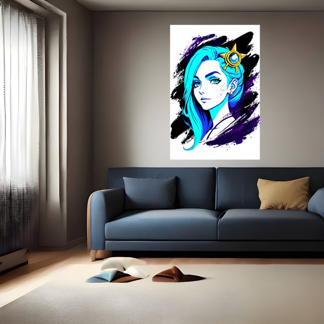 Porträtt i ett ungt dam blå hår | AI Art Poster (Skapare uppladdad)