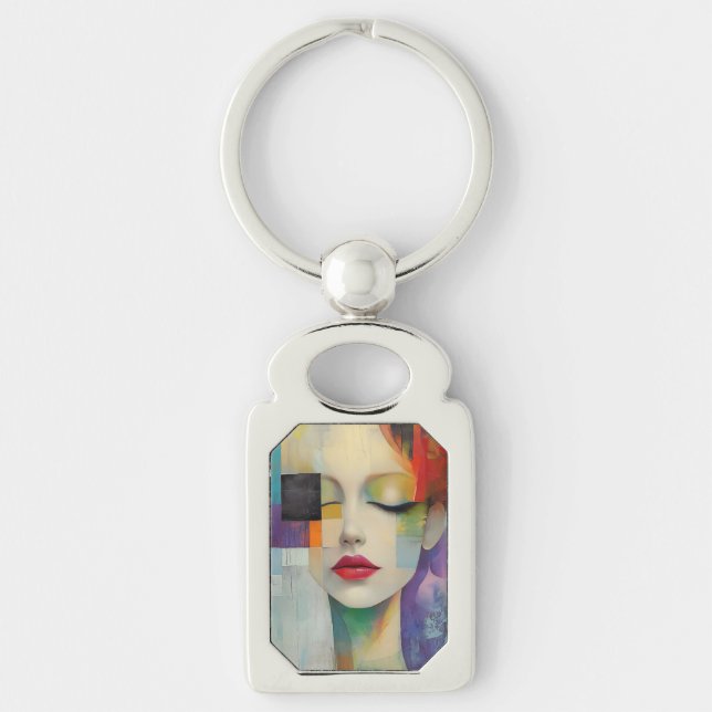 Porträtt i Färg-blocket Surrealism Rektangulärt Silverfärgad Nyckelring (Framsidan)