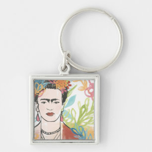 Porträtt i Frida Kahlo Fyrkantig Silverfärgad Nyckelring