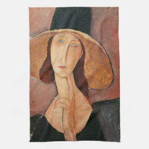 Porträtt i Jeanne Hebuterne i en stor hatt Kökshandduk