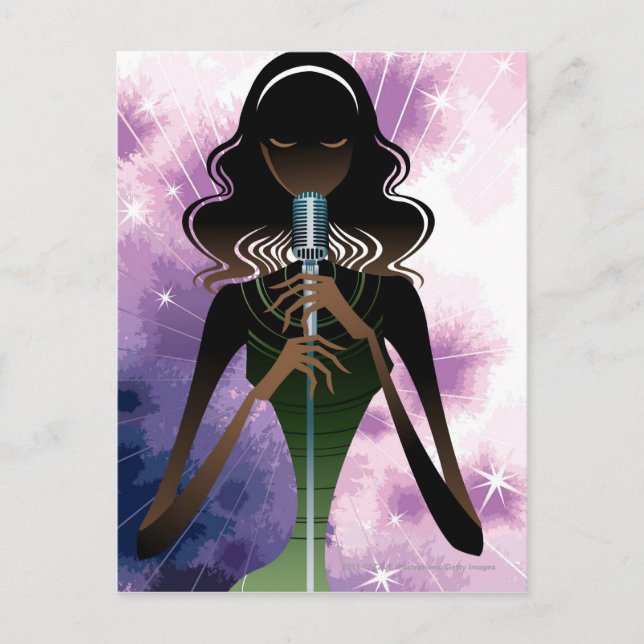 Porträtt i kvinnliga mikrofonhållare vykort (Framsida)