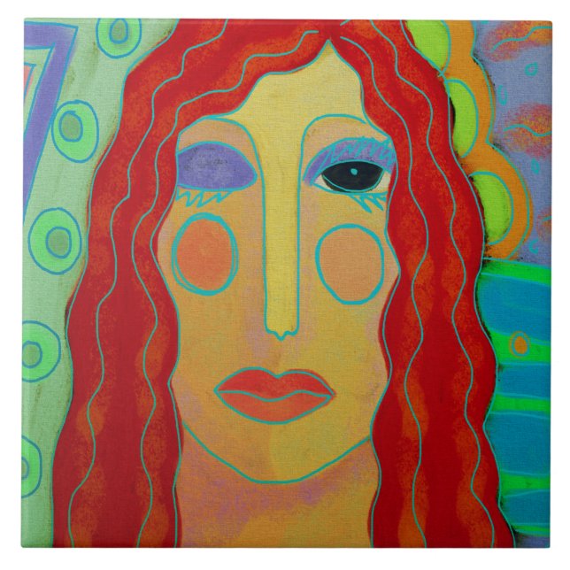 Porträtt i Red Head Abstrakt Digital Painting Kakelplatta (Framsidan)