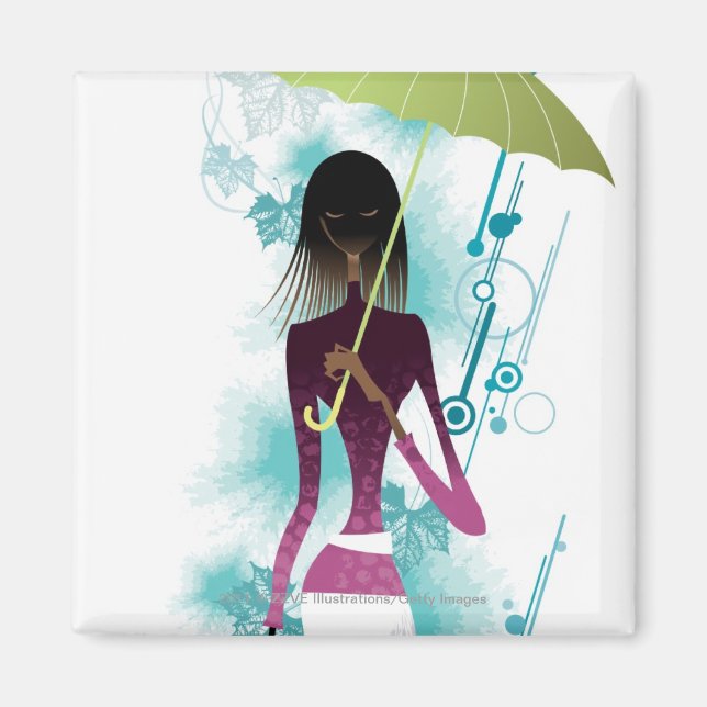 Porträtt i unga kvinnor som håller handväska och p magnet (Framsidan)