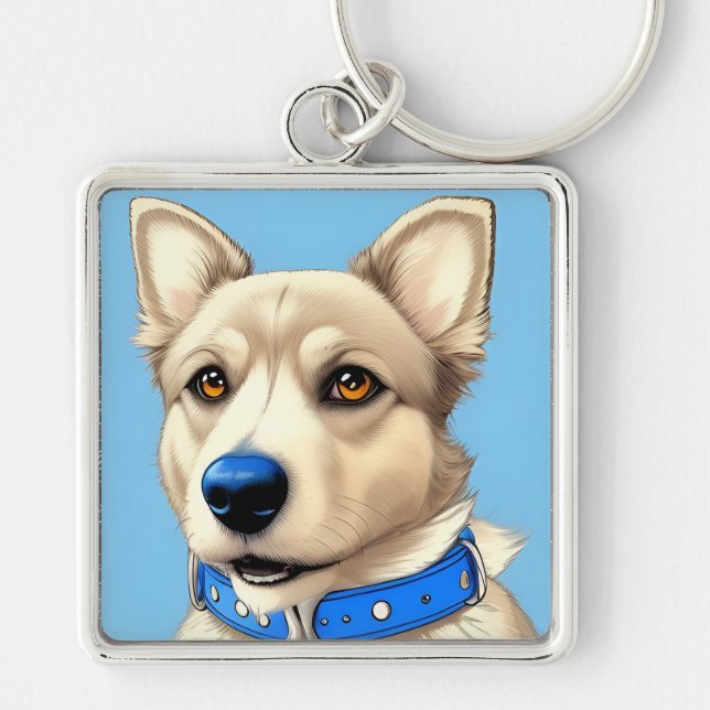 Porträtt nära en Hund med blå kronor Fyrkantig Silverfärgad Nyckelring (Framsidan)