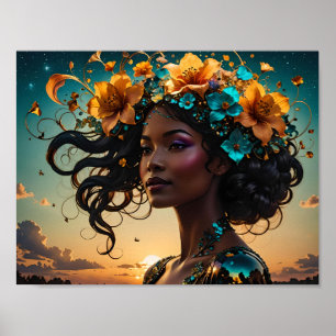 porträtt om en kvinna med blommor poster