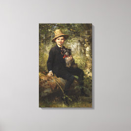 Porträtt om en pojke med Hund i en skog (Knaus) Canvastryck