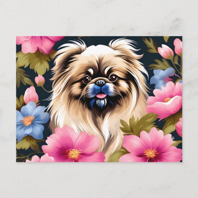 Porträtt Pekingese och blommor Vykort (Framsida)