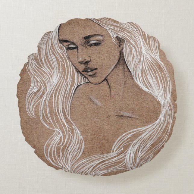 Porträtt Sketch: Illustration av unga flickor Rund Kudde (Framsidan)