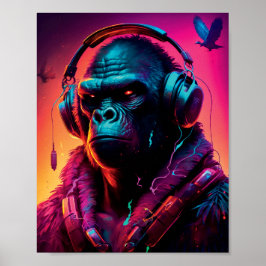 Porträtt vid Gorilla med hörlurar Poster