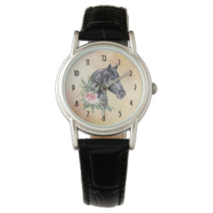 Porträtt Watercolor för den vackra Black Horse Hea Armbandsur